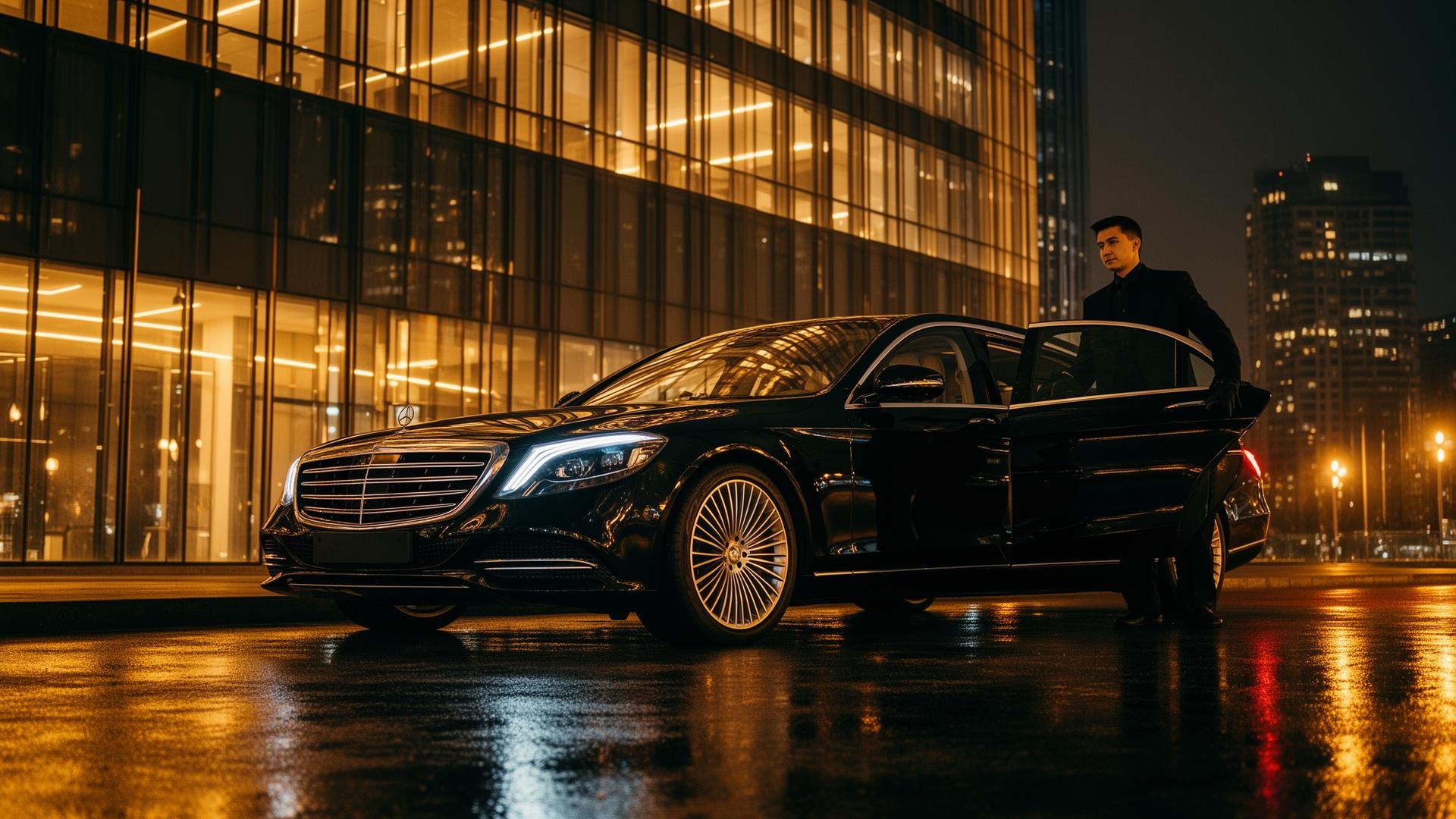 Luxury black sedan with chauffeur at night